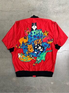 Vintage 80s Silkscapes Silk Cats Oversized Batwing Jacket Red-Multi Color Medium